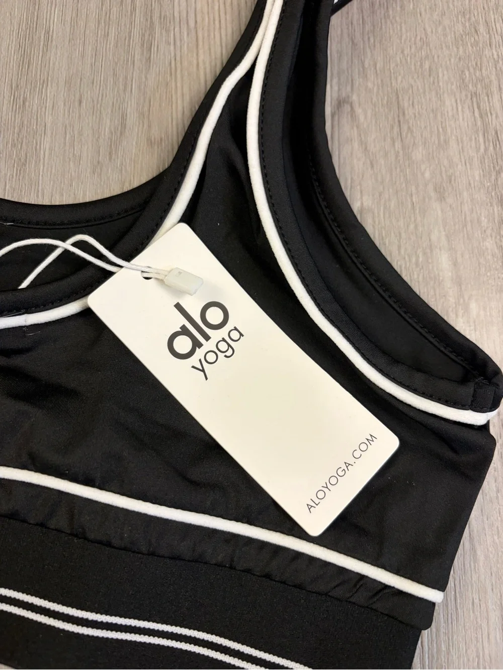 ALO Yoga Black Track Pants & Piped Sports Bra Set with White Trim